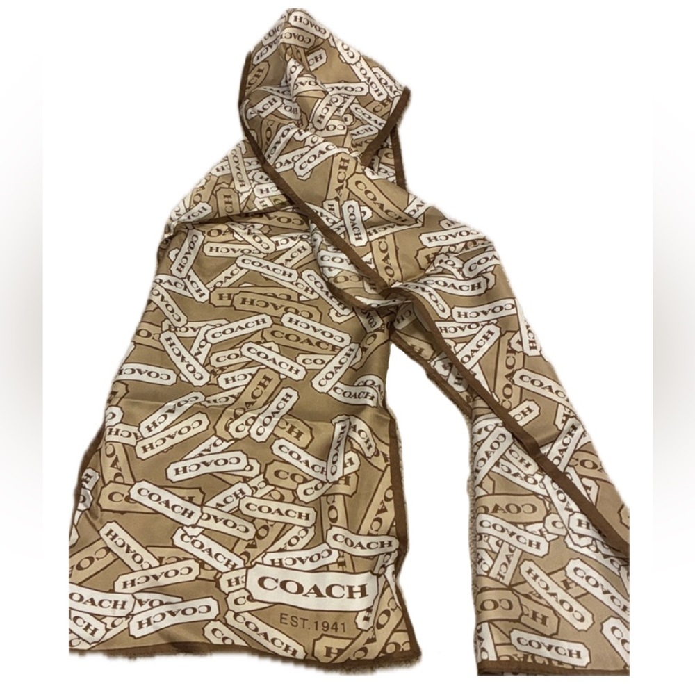Coach Cream and Brown Logo Silk Scarf - Picture 4 of 6